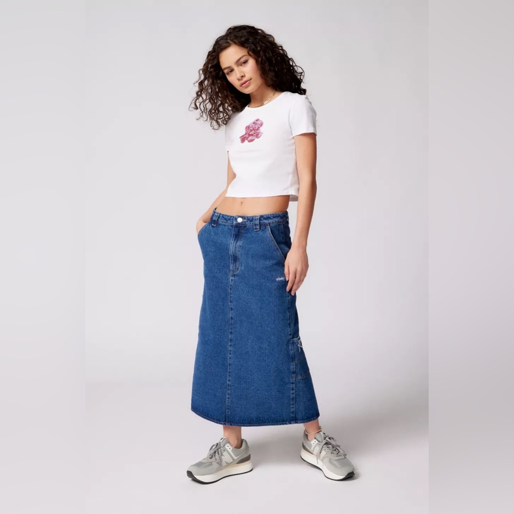 Obey Juniper Embroidered Denim‎ Midi Skirt Size 28 Y2K